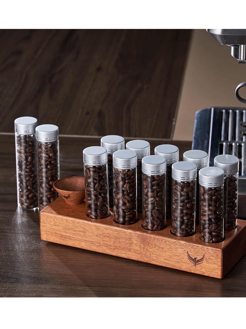 Knodos Tubes Coffee Bean Cellar Funnel Wooden Display Stand Bean Dose 12ct